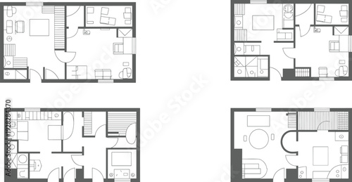 Apartment floor plan set, modern home layout collection, furnished house blueprints, top view interior design plans with rooms, furniture arrangement and architectural drawingsApartment floor plan 