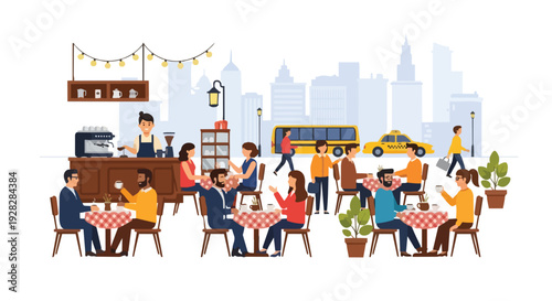 Flat illustration of people dining at outdoor tables in a city setting with a horizontal layout, conveying urban life.