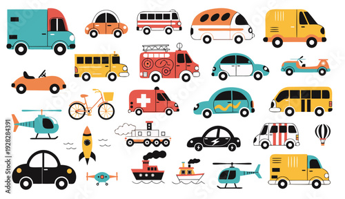 Cute Transportation Fleet Bundle in Doodle Style – Modern Automotive Cartoon Vector Pack