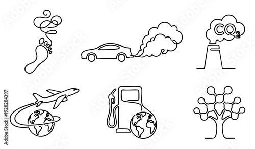 Set of continuous line drawing icons showing carbon footprint, vehicle exhaust, factory co2, air travel, and fossil fuel