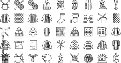 Knitting and Needlework Line Icon Set Featuring Yarn Balls Knitting Needles Sweaters Crochet Hooks Wool Mittens Hats Sewing Patterns and Textile Craft Equipment Vector Illustration
