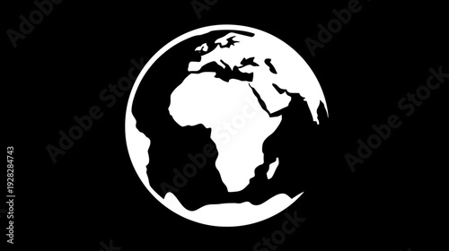 Minimalist white Earth globe graphic on a black background, highlighting Africa, Europe, and Asia. World map illustration.