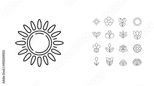 Seasonal renewal outline icon set with sun rays, blooming flowers and nature harmony symbols