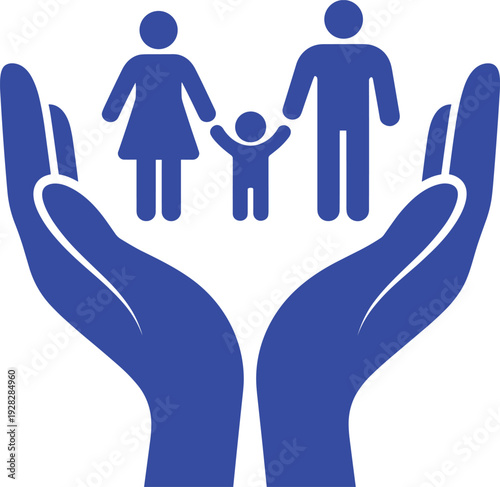 Blue family silhouette of parents and child protected by large caring hands, insurance and social security concept vector illustration on white background,