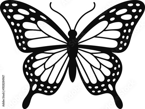Elegant black and white graphic illustration of a monarch butterfly with intricate wing patterns isolated on transparent background