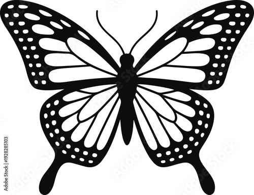 Stylized black monarch butterfly silhouette with patterned wings isolated on a transparent background