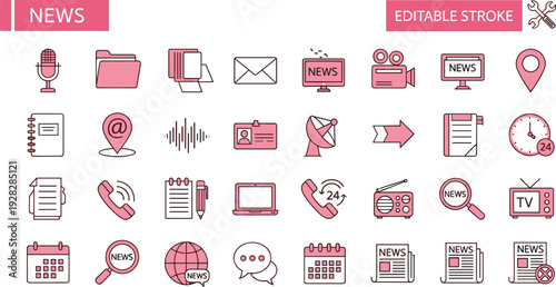 News and Media Icon Set Featuring Television Microphone Newspapers Broadcasting Equipment Global Communication Digital Journalism Social Media and Press Reporting Vector Graphics Illustration
