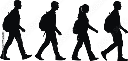 Student walking silhouette set, young men and woman with backpack isolated on white background black vector illustration