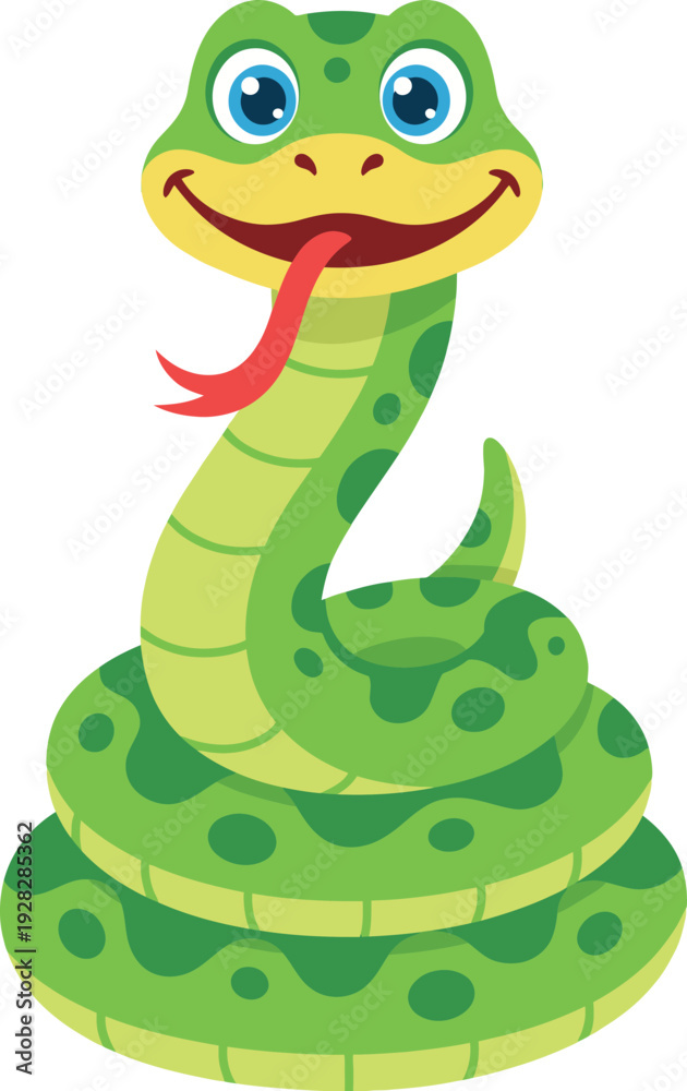 Fototapeta premium Cute green cartoon snake character vector illustration