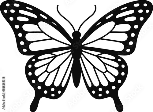 Stylized graphic black and white monarch butterfly silhouette with detailed wing patterns isolated on transparent background