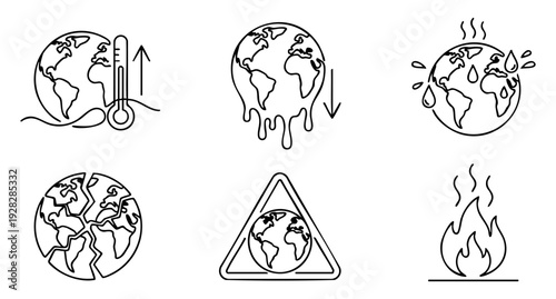 Global warming, melting ice, pollution, and environmental crisis outline icon collection. Earth facing extreme heat and destruction