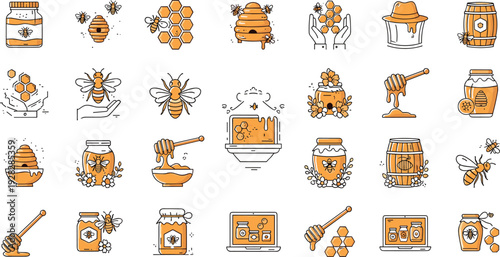 Organic honey production icon set featuring honey bees, beehives, honeycombs, glass jars, dippers, wooden barrels, beekeeper hats, and natural apiary products in line art style.