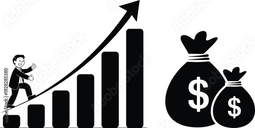 Business growth success concept, entrepreneur climbing upward bar chart, profit increase arrow, financial progress with money bag icons