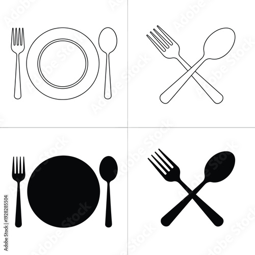 Contrasting styles of black and white dining utensil sets with plates