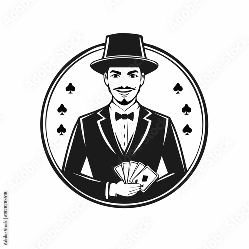Elegant Gambler Showcasing Playing Cards in Black and White Vector Logo Illustration for Unique Design