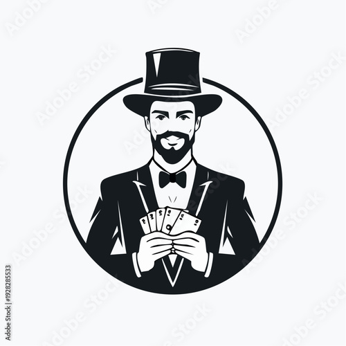 Elegant Gambler Showcasing Playing Cards in Black and White Vector Logo Illustration for Unique Design