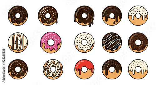 Set of Glazed Donuts Vector Illustration, Sweet Doughnuts with Chocolate, Strawberry and Vanilla Toppings Isolated on White Background