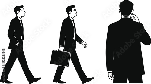 Businessman walking vector set, professional male silhouettes, man with briefcase walking, side and rear views, corporate commuter, business formal attire, executive motion