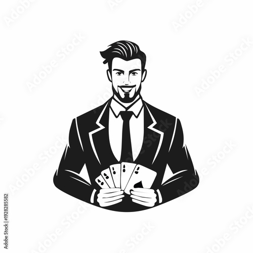 Elegant Gambler Showcasing Playing Cards in Black and White Vector Logo Illustration for Unique Design