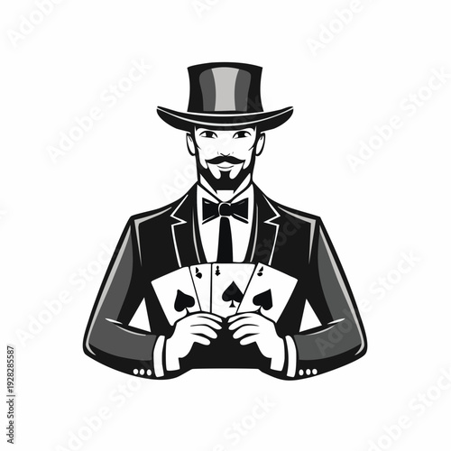 Elegant Gambler Showcasing Playing Cards in Black and White Vector Logo Illustration for Unique Design