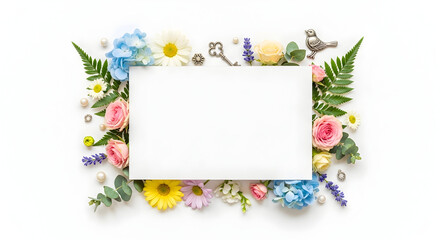 A beautiful floral frame with a blank white center surrounded by colorful flowers and greenery.