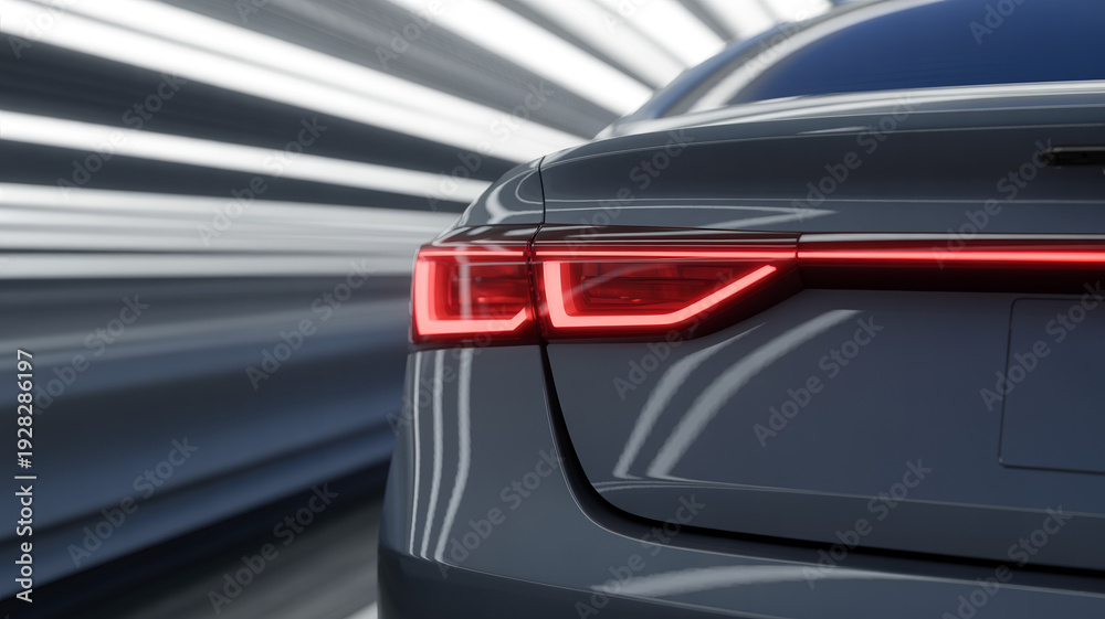 Fototapeta premium Close-up rear view of modern gray sedan with glowing red led taillights driving through futuristic neon tunnel, motion blur effect