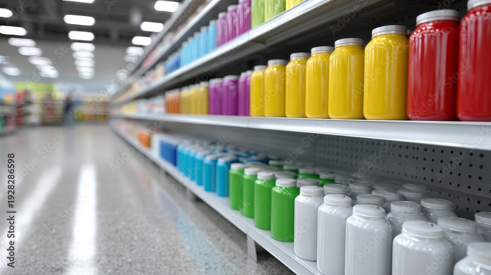 Fototapeta premium Colorful paint jars on shelves in bright modern supermarket aisle
