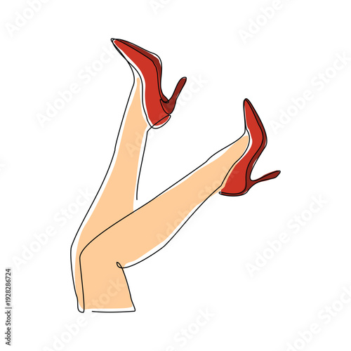Continuous line drawing of woman foot wearing high heel high hills shoes. One single line art of sport shoes vector illustration editable stroke