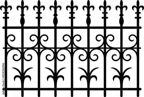 Decorative wrought iron fence vector, ornamental metal railing with scrollwork and fleur de lis details, vintage garden barrier silhouette design