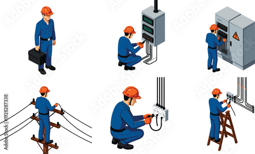Electrician and lineman vector set, electrical workers performing installation and maintenance, high-voltage line work, control panel servicing, safety gear, power service icons