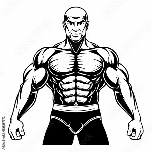 Muscular wrestler image vector. Standing big muscular bald male pro wrestler image vector.