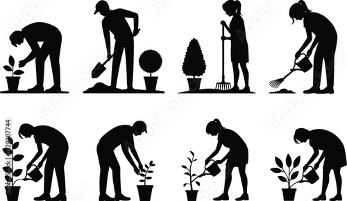 Gardening and plant-care vector silhouettes, people planting and watering saplings, raking and digging, potted plants and garden maintenance, eco-friendly outdoor activities