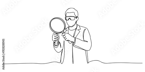 Continuous one line of a scientist holding a magnifying glass, drawn illustration.