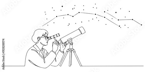 Continuous one line of a scientist observing stars through a telescope, drawn illustration.
