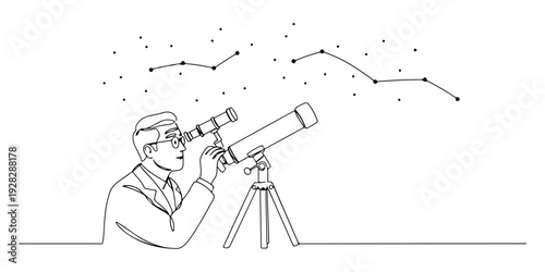 Continuous one line of a scientist observing stars through a telescope, drawn illustration.