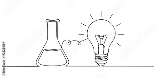 Continuous one line of a flask transforming into a light bulb, drawn illustration.