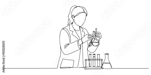 Continuous one line of a scientist mixing liquids in test tubes, drawn illustration.