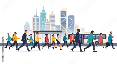 Illustration of people walking in front of a city skyline with a bus stop, depicting urban life in a flat, horizontal concept.
