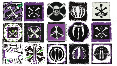 Logo design vector set, weird punk experimental style. rebellious, minimal, powerful.. Bones, teeth and skull.