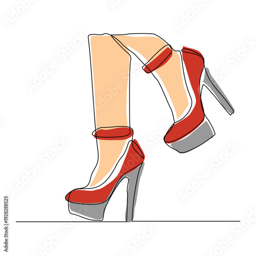 Continuous line drawing of woman foot wearing high heel high hills shoes. One single line art of sport shoes vector illustration editable stroke