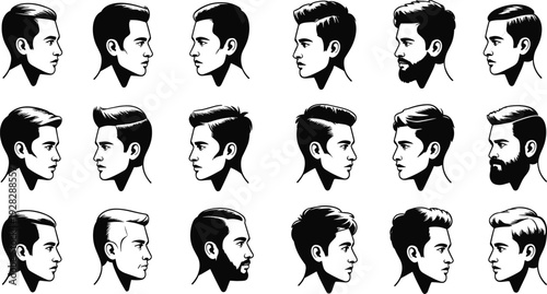 Male profile avatar illustration set, modern men hairstyles and beard styles, black and white portrait side view vector