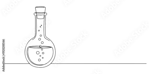 Continuous one line of a chemical flask with bubbles, drawn illustration.