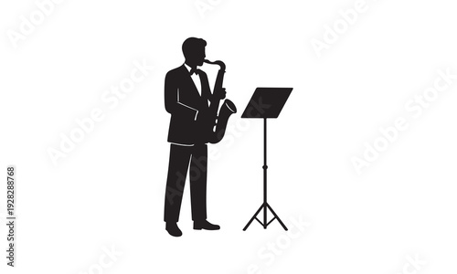 Silhouette of a Saxophone Player in a Tuxedo with Music Stand