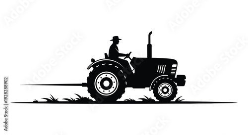 A striking black and white illustration depicts a vintage tractor with a farmer a detailed silhouette high quality