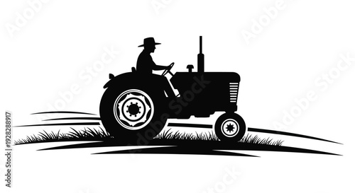 A farmer wearing a hat drives an old fashioned tractor through a field depicted as a silhouette high quality