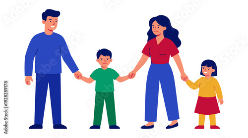 Flat vector illustration of a happy family standing together with parents and children. Represents family values, unity, and togetherness.