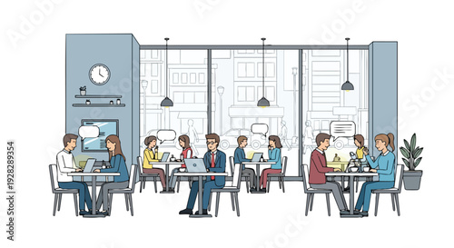 A group of diverse people working on laptops in a modern, flat office space with a city view, conveying a productive life and business concept.