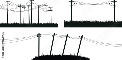 Rural utility poles and telephone lines silhouette vector set, power line landscape, leaning poles, overhead cables, grassy horizon, minimalist black vector illustration