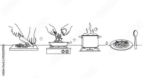 Continuous line drawing of a horizontal cooking pattern with various steps from preparation to serving on a clean white background.