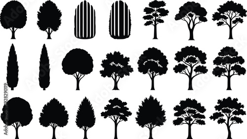 Collection of twenty diverse tree silhouettes with unique canopy shapes and branching patterns, illustrating forest diversity, botany study, landscape design, ecology, and natural environment art.